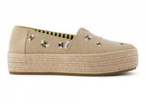 Espadryle Damskie Toms Valencia Embroidered Bees Platformie Beżowe | 0782FYDIB