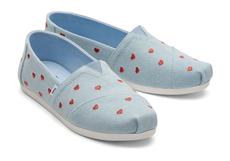 Espadryle Damskie Toms Denim Embroidered Hearts Niebieskie | 1437OSLQM