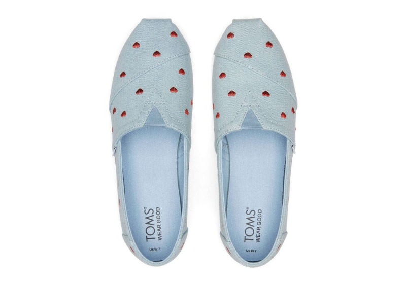 Espadryle Damskie Toms Denim Embroidered Hearts Niebieskie | 1437OSLQM