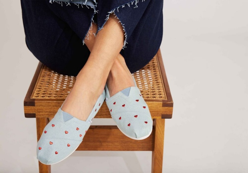 Espadryle Damskie Toms Denim Embroidered Hearts Niebieskie | 1437OSLQM