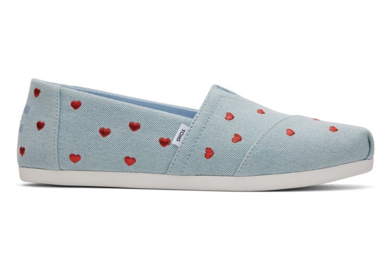 Espadryle Damskie Toms Denim Embroidered Hearts Niebieskie | 1437OSLQM