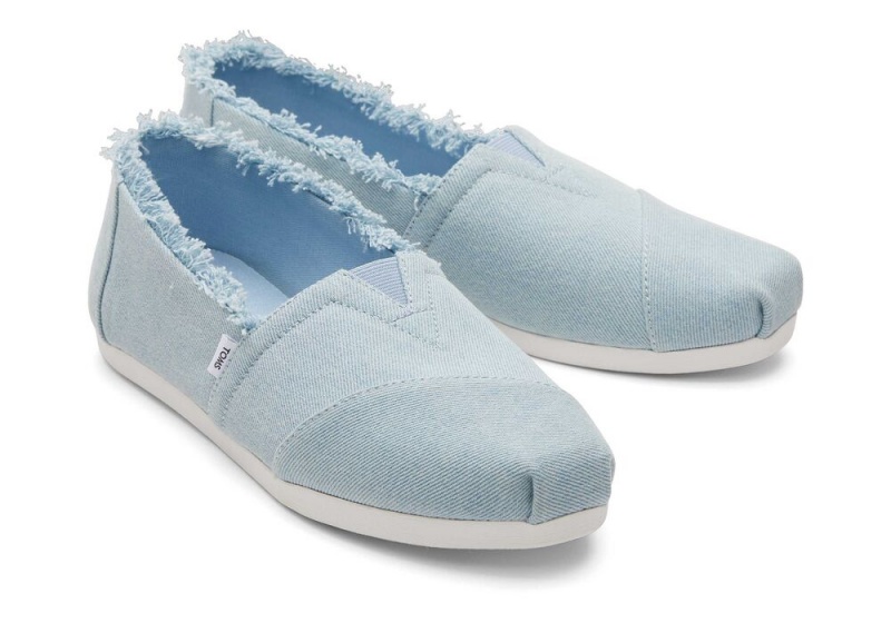 Espadryle Damskie Toms Fringed Washed Denim Niebieskie | 1647ISPCM