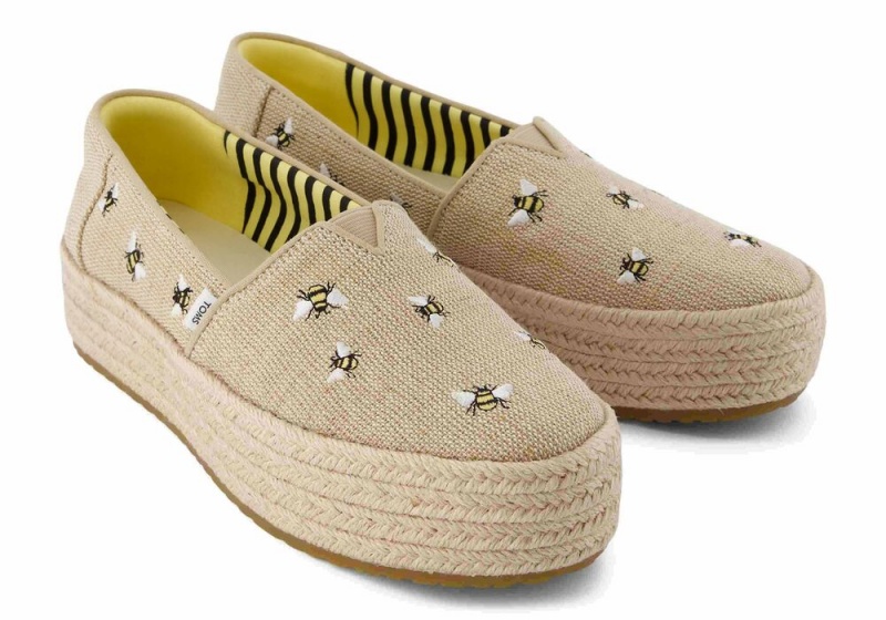 Espadryle Damskie Toms Valencia Embroidered Bees Platformie Beżowe | 0782FYDIB