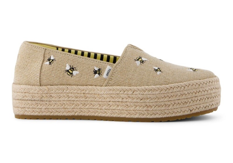 Espadryle Damskie Toms Valencia Embroidered Bees Platformie Beżowe | 0782FYDIB